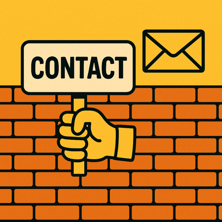 Illustration d’un mur de briques avec une main tenant un panneau “CONTACT” et une icône d’enveloppe sur fond jaune.